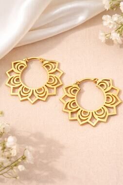 Stainless Steel Lotus Flower Hoop Earrings Boho